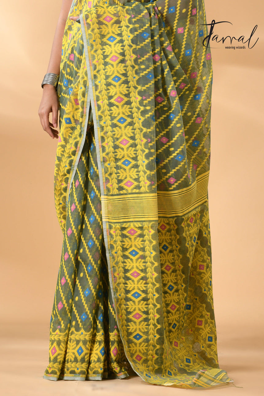 Moss green with sky yellow handloom soft dhakai jamdani saree - Tamal Boutique