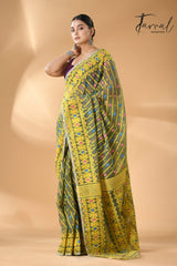 Moss green with sky yellow handloom soft dhakai jamdani saree - Tamal Boutique