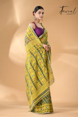 Moss green with sky yellow handloom soft dhakai jamdani saree - Tamal Boutique