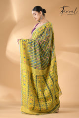 Moss green with sky yellow handloom soft dhakai jamdani saree - Tamal Boutique