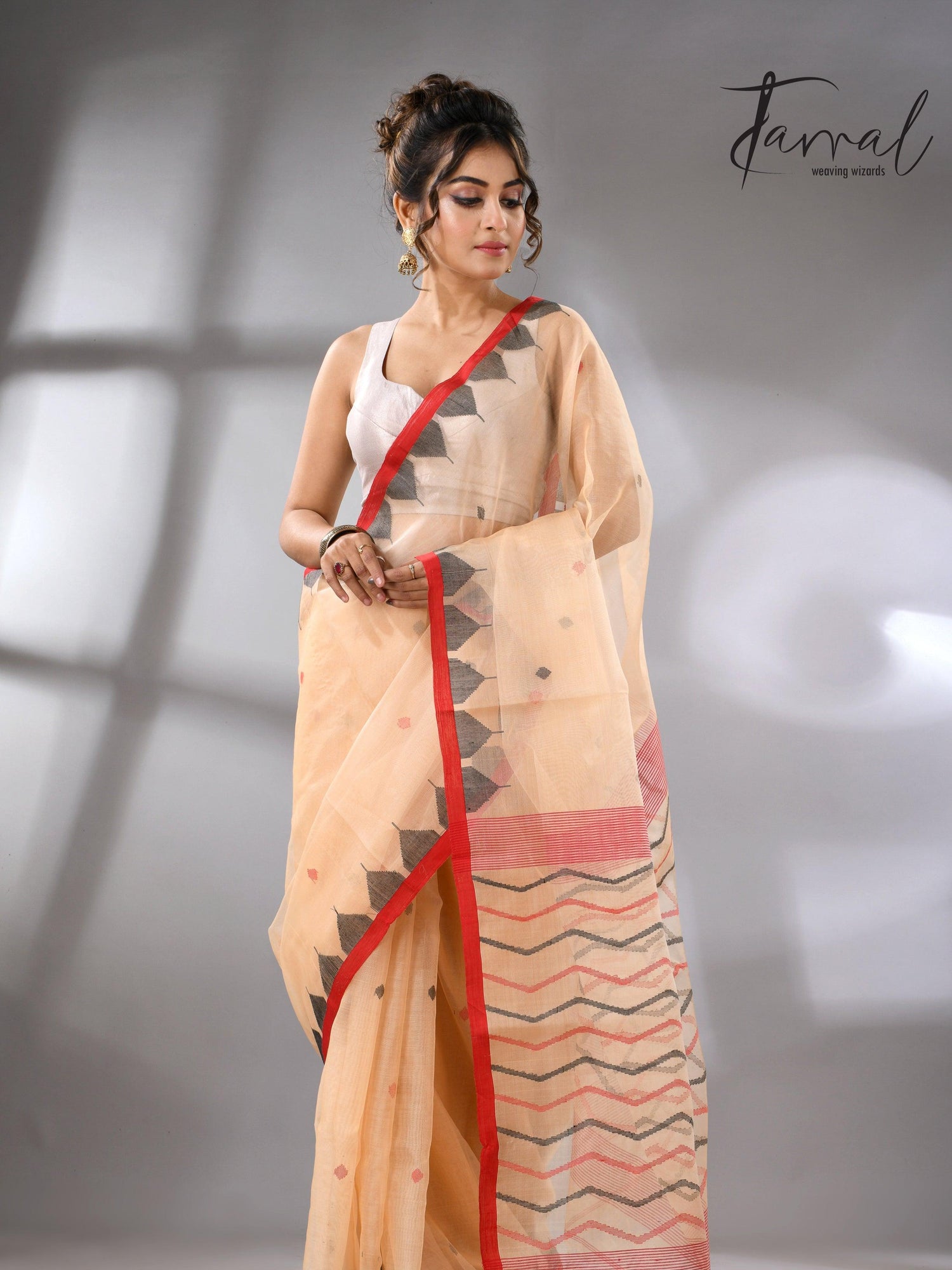 Muga Muslin Silk Red Temple Border Handwoven Needlework Jamdani Saree