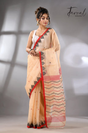 Muga Muslin Silk Red Temple Border Handwoven Needlework Jamdani Saree