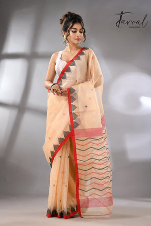 Muga Muslin Silk Red Temple Border Handwoven Needlework Jamdani Saree