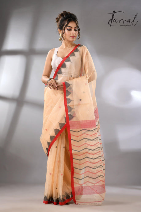 Muga Muslin Silk Red Temple Border Handwoven Needlework Jamdani Saree
