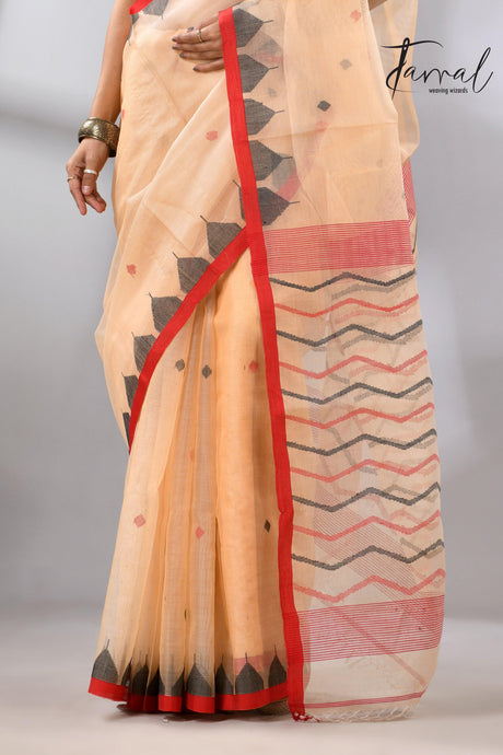 Muga Muslin Silk Red Temple Border Handwoven Needlework Jamdani Saree bottom