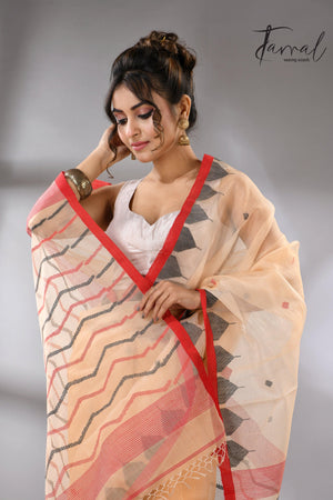 Muga Muslin Silk Red Temple Border Handwoven Needlework Jamdani Saree cls