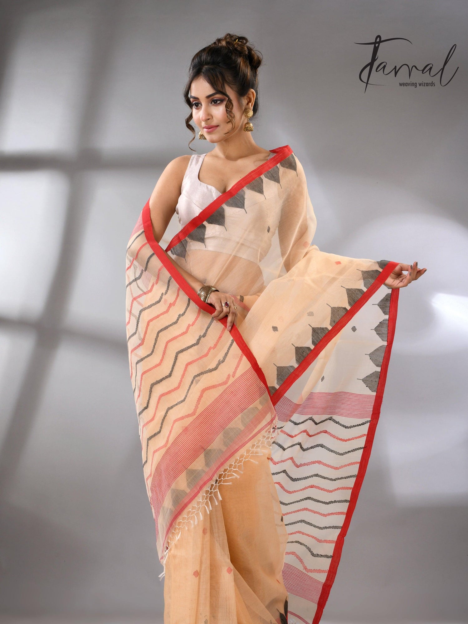 Muga Muslin Silk Red Temple Border Handwoven Needlework Jamdani Saree full