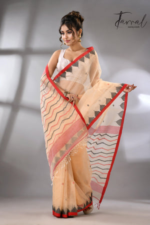 Muga Muslin Silk Red Temple Border Handwoven Needlework Jamdani Saree full