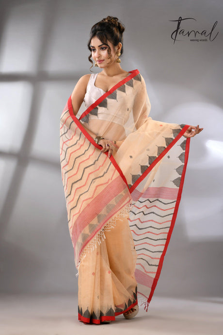 Muga Muslin Silk Red Temple Border Handwoven Needlework Jamdani Saree full