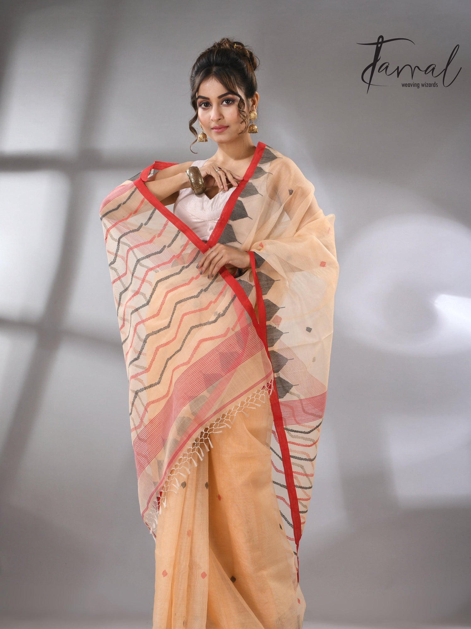 Muga Muslin Silk Red Temple Border Handwoven Needlework Jamdani Saree full3