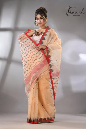 Muga Muslin Silk Red Temple Border Handwoven Needlework Jamdani Saree full3