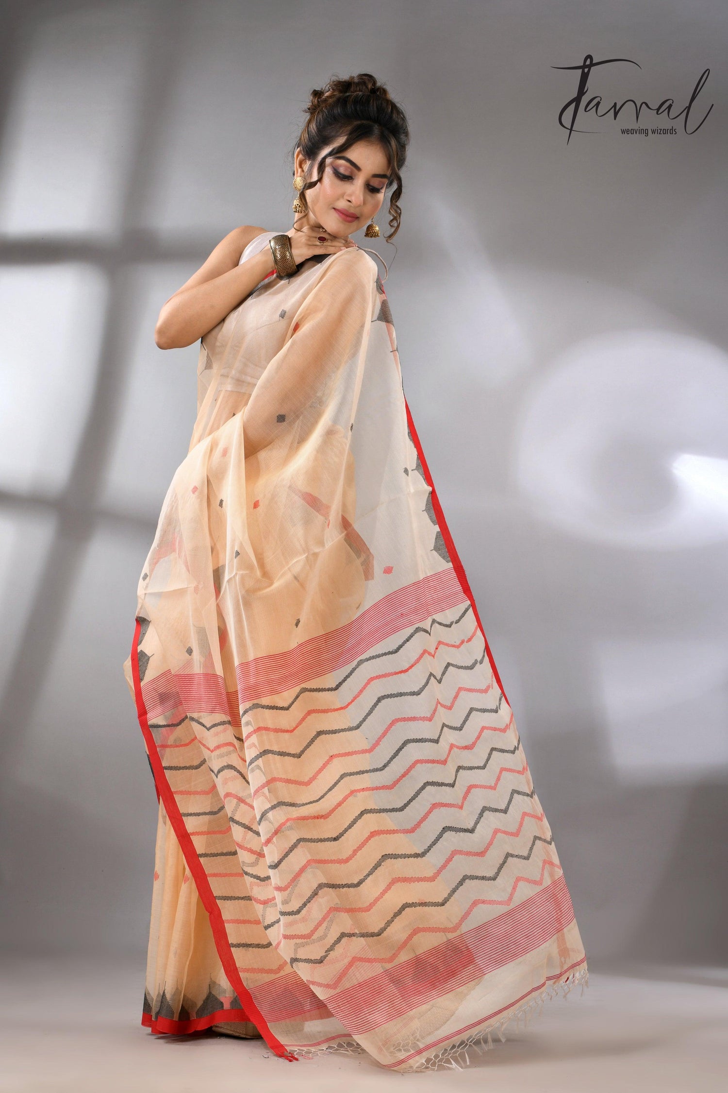 Muga Muslin Silk Red Temple Border Handwoven Needlework Jamdani Saree right