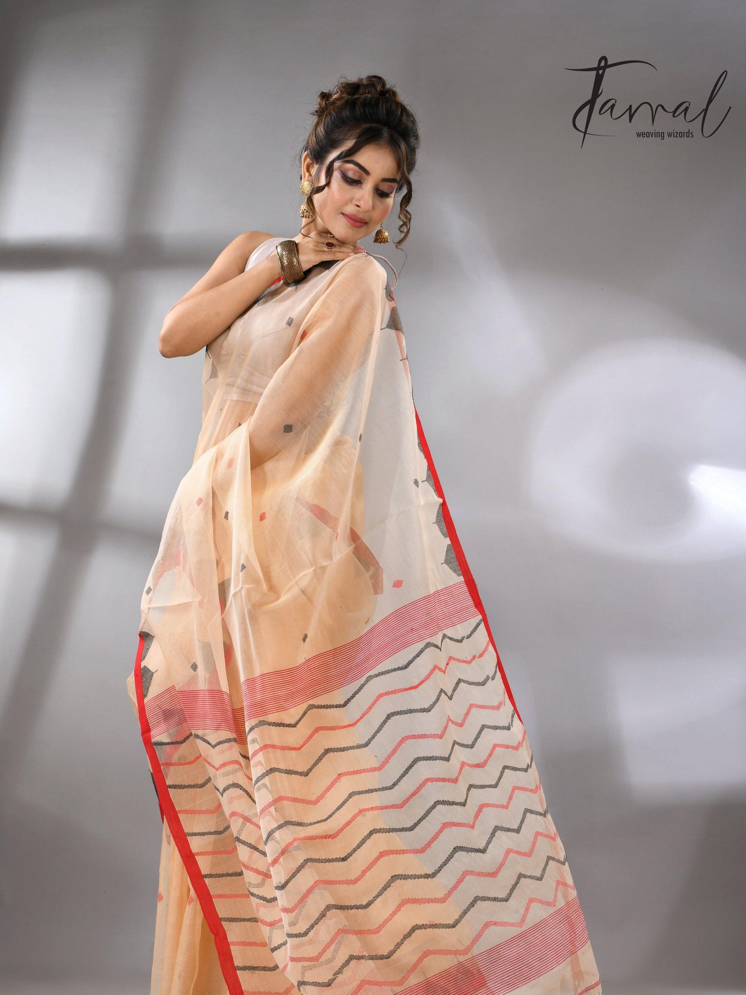 Muga Muslin Silk Red Temple Border Handwoven Needlework Jamdani Saree right