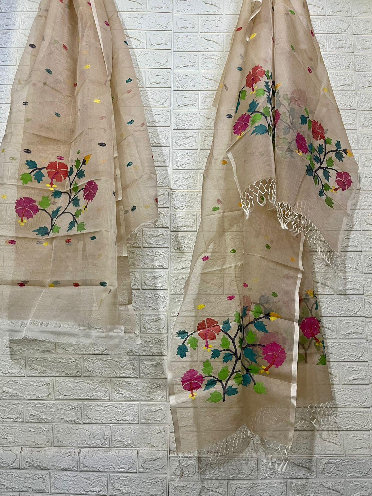 Muga with multi colour hibiscus handwoven jamadani kurti & dupatta piece - Tamal Boutique