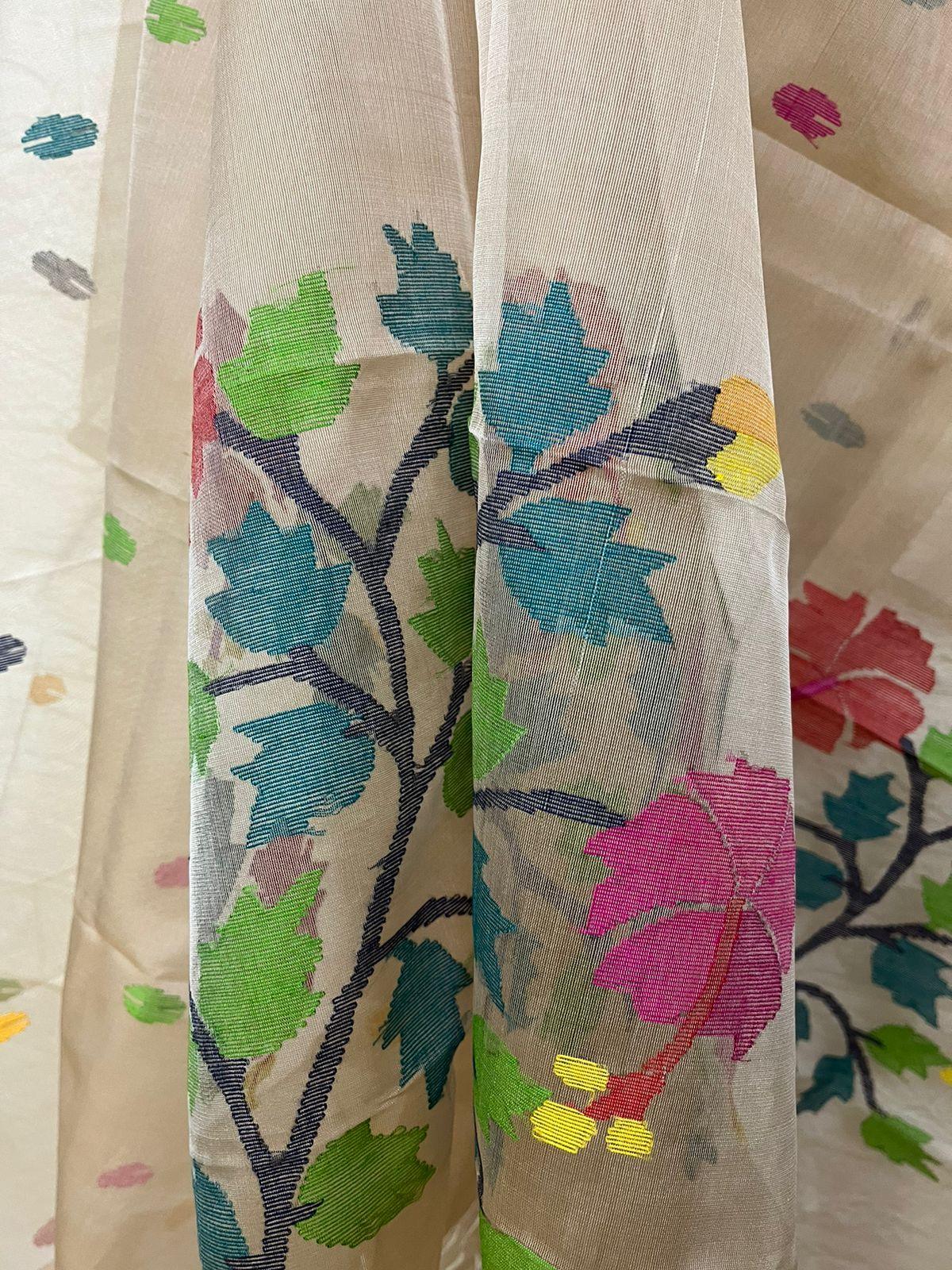 Muga with multi colour hibiscus handwoven jamadani kurti & dupatta piece - Tamal Boutique
