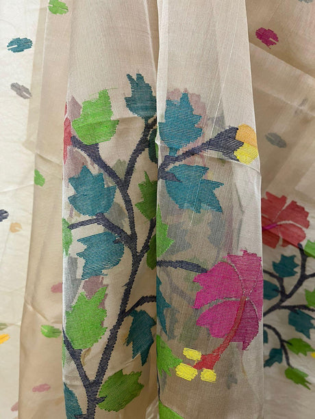 Muga with multi colour hibiscus handwoven jamadani kurti & dupatta piece - Tamal Boutique