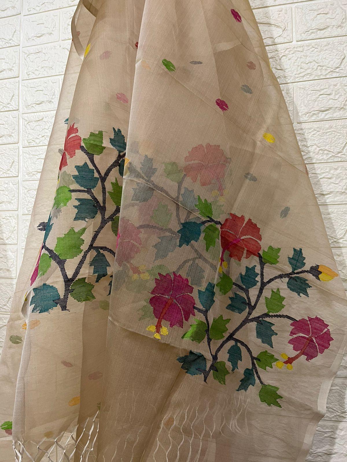 Muga with multi colour hibiscus handwoven jamadani kurti & dupatta piece - Tamal Boutique