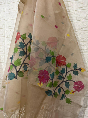 Muga with multi colour hibiscus handwoven jamadani kurti & dupatta piece - Tamal Boutique