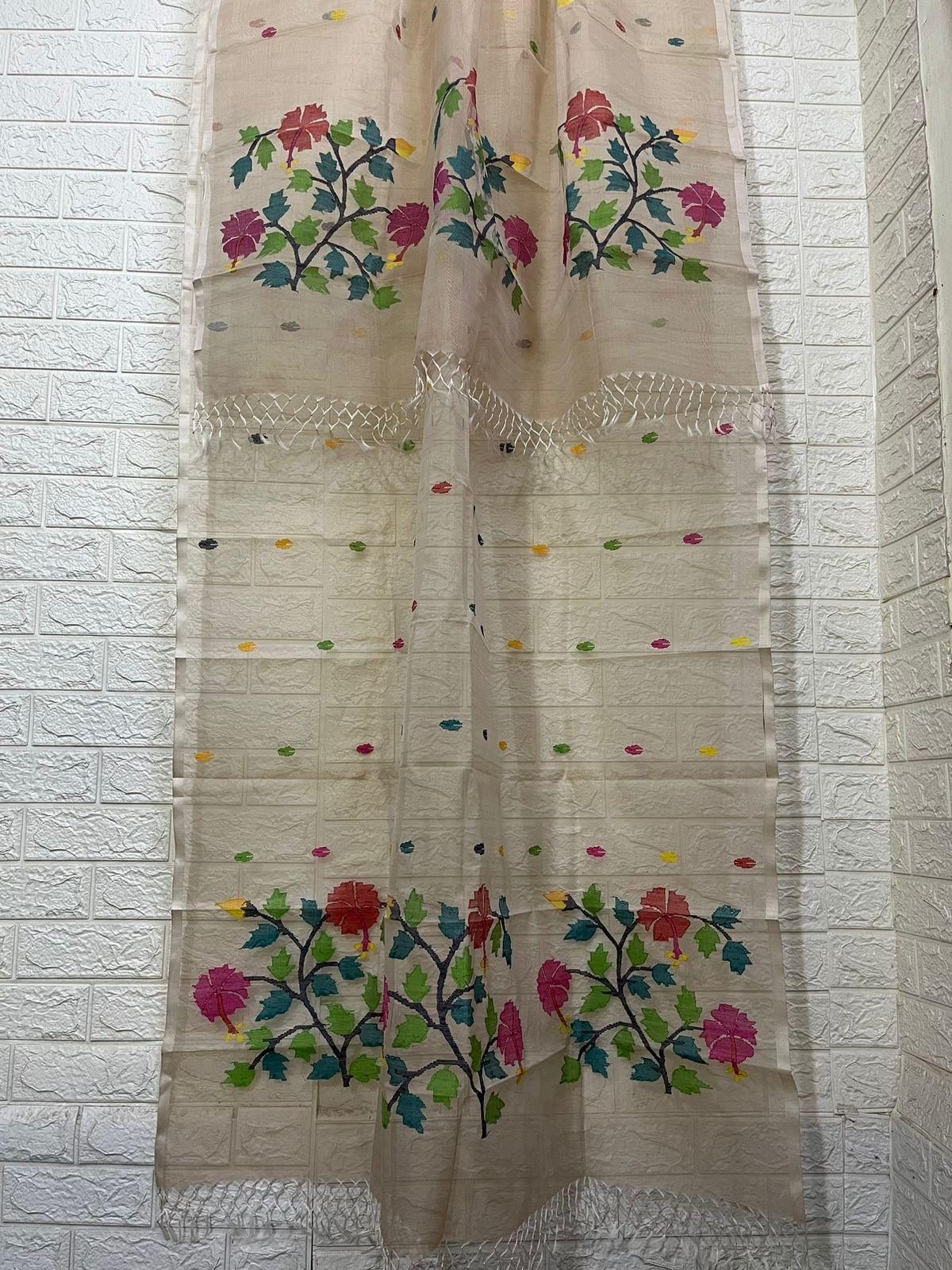 Muga with multi colour hibiscus handwoven jamadani kurti & dupatta piece - Tamal Boutique