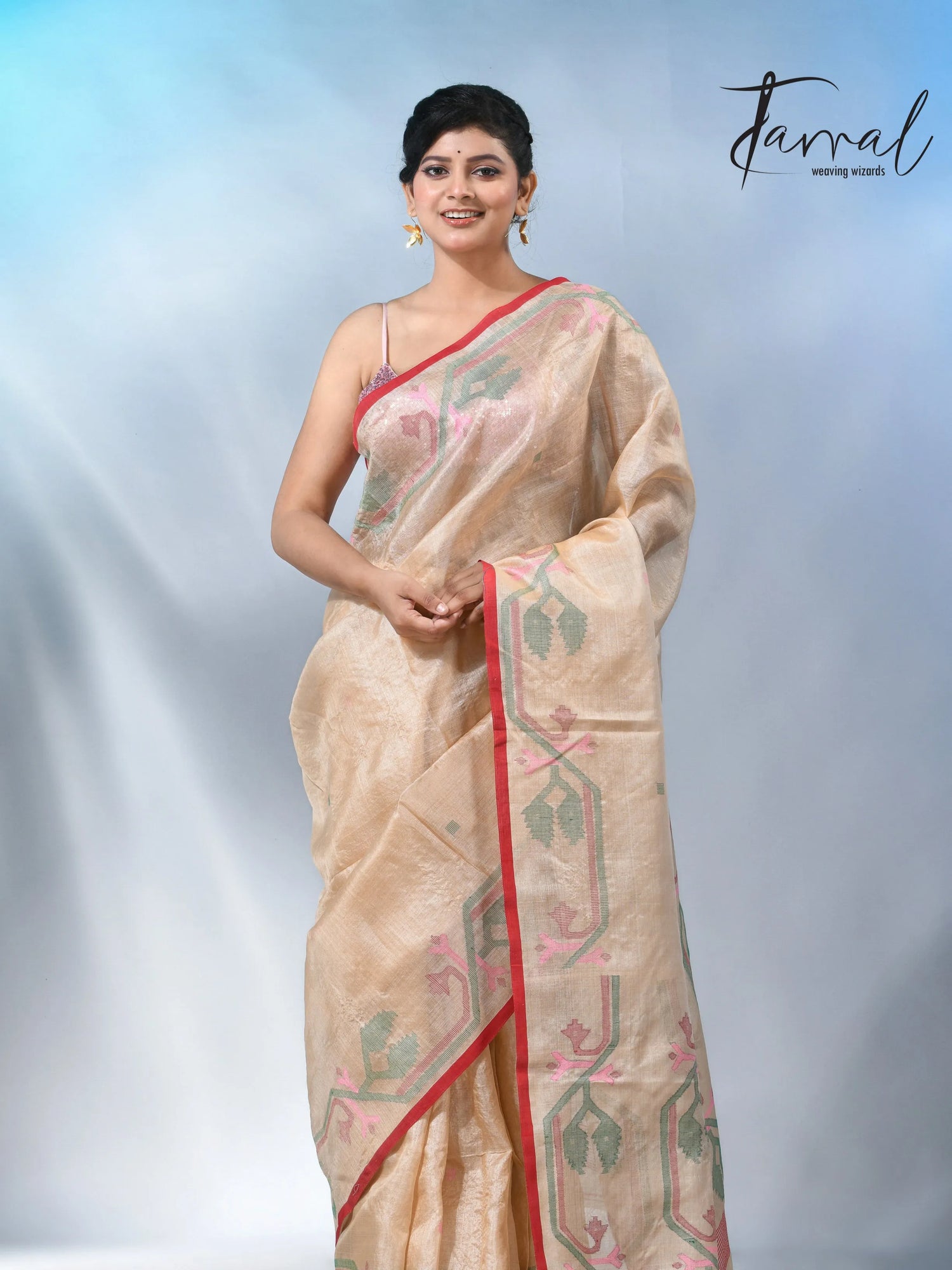 Muga with red dhakai in tusser silk handwoven jamdani saree