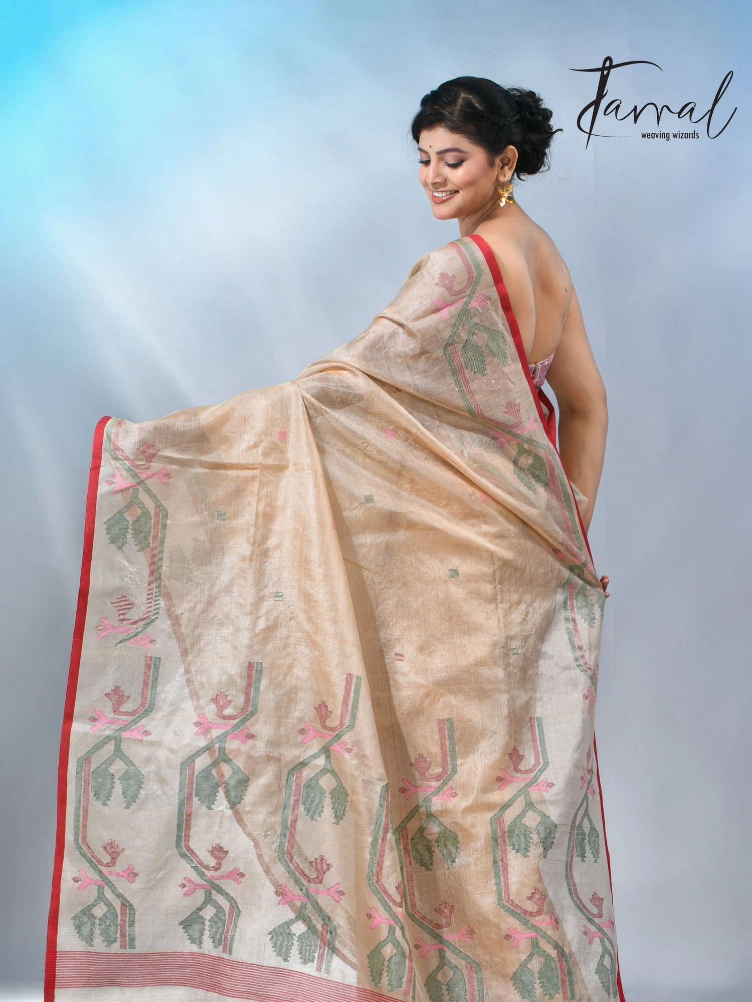 Muga with red dhakai in tusser silk handwoven jamdani saree