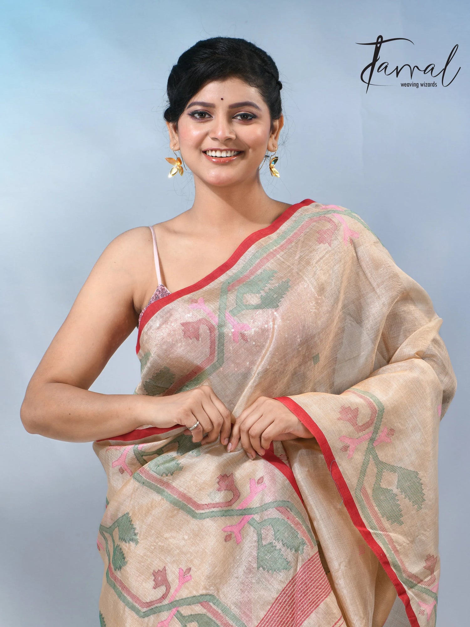 Muga with red dhakai in tusser silk handwoven jamdani saree