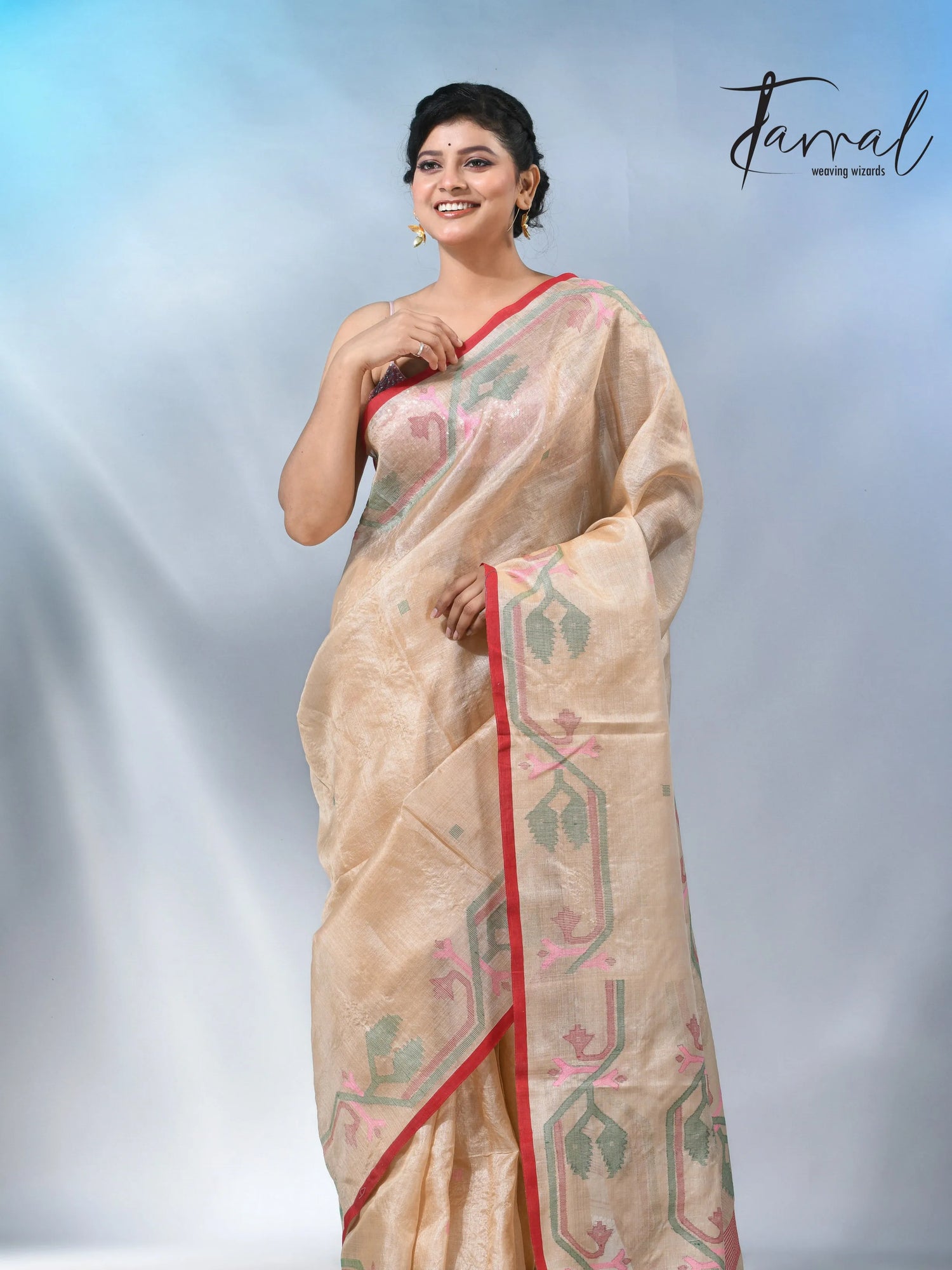 Muga with red dhakai in tusser silk handwoven jamdani saree