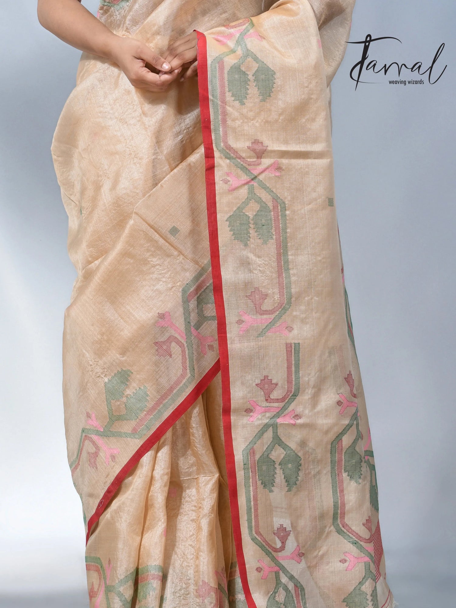 Muga with red dhakai in tusser silk handwoven jamdani saree