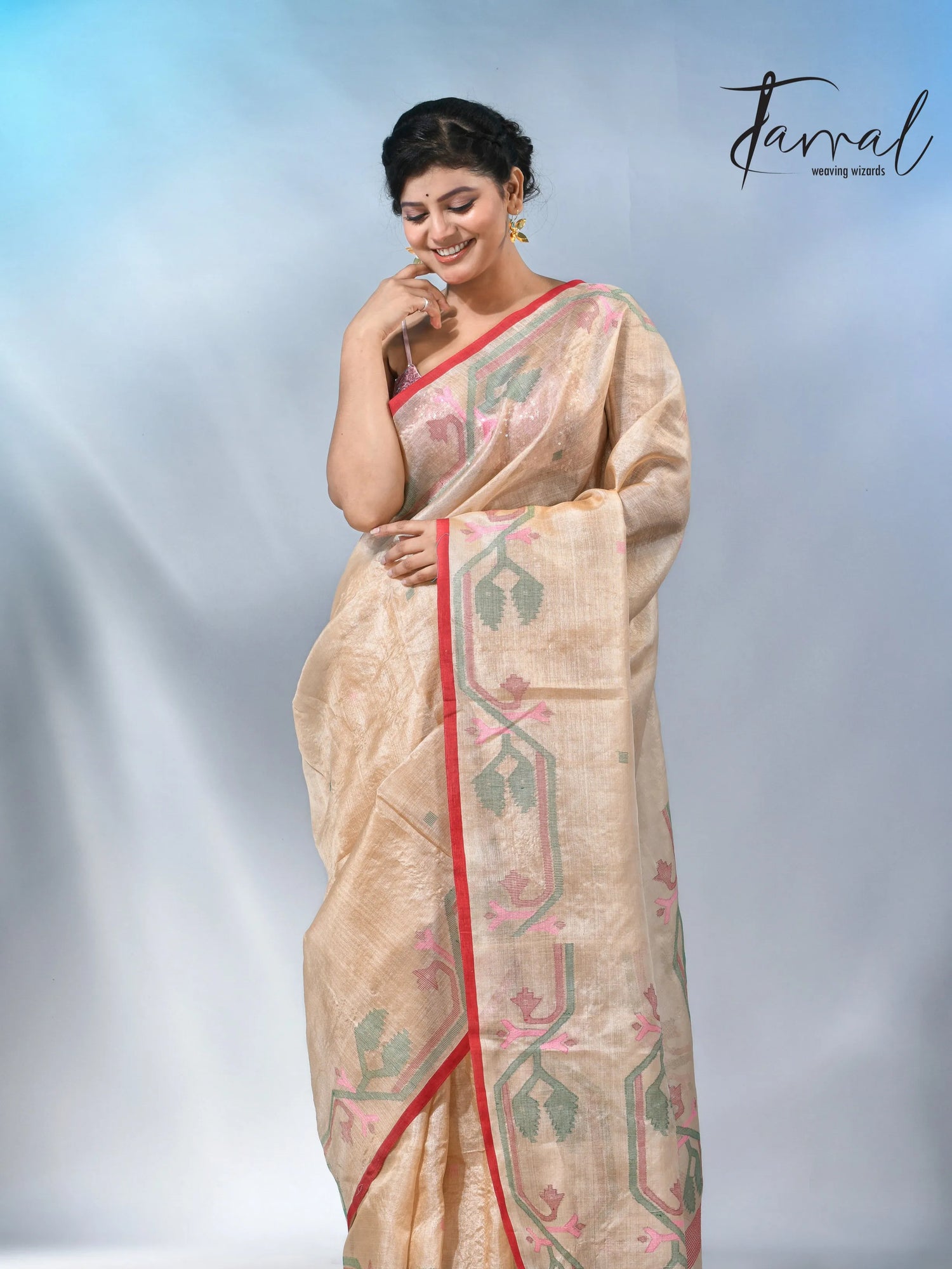Muga with red dhakai in tusser silk handwoven jamdani saree