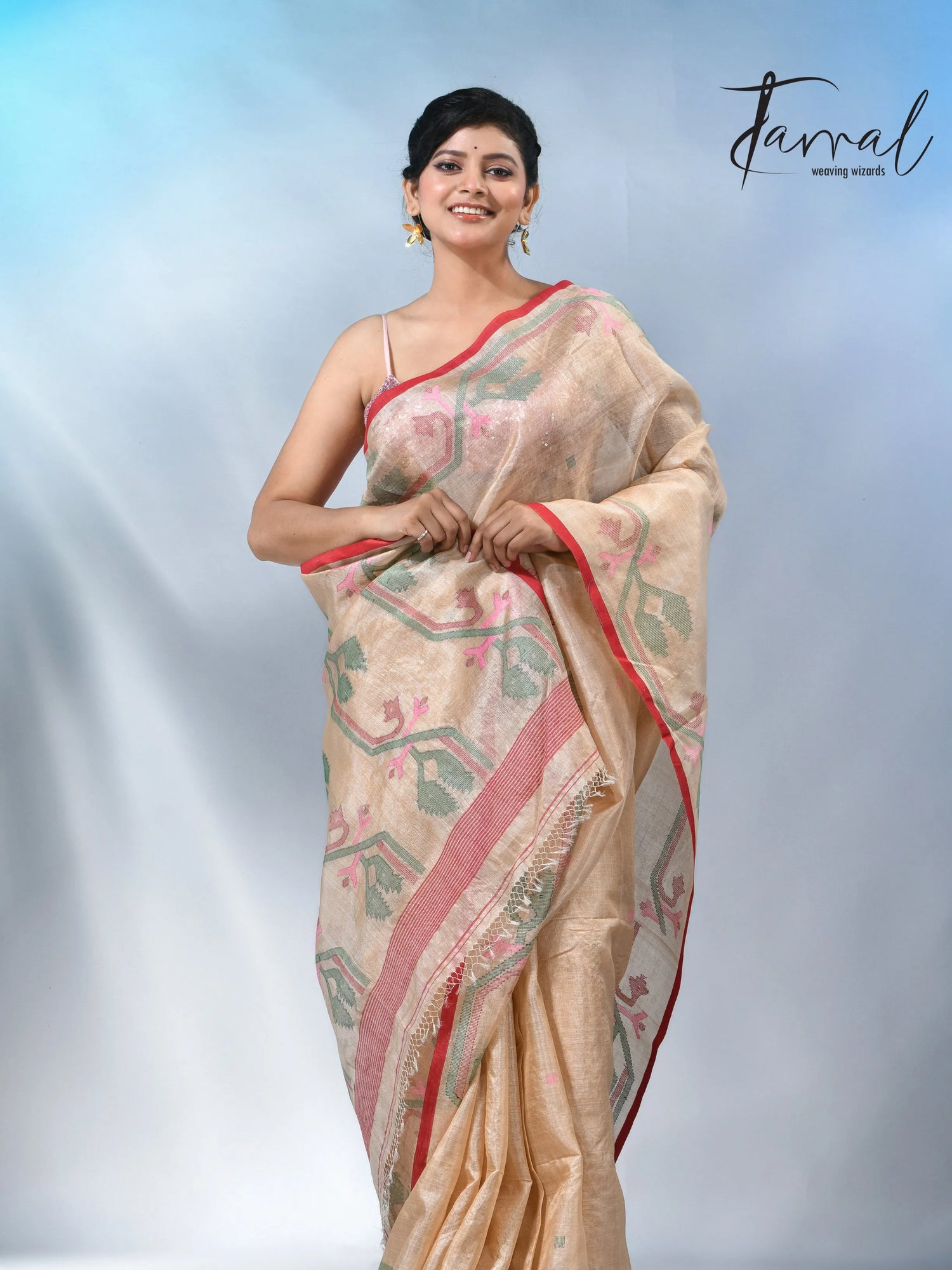 Muga with red dhakai in tusser silk handwoven jamdani saree