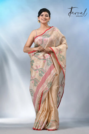 Muga with red dhakai in tusser silk handwoven jamdani saree
