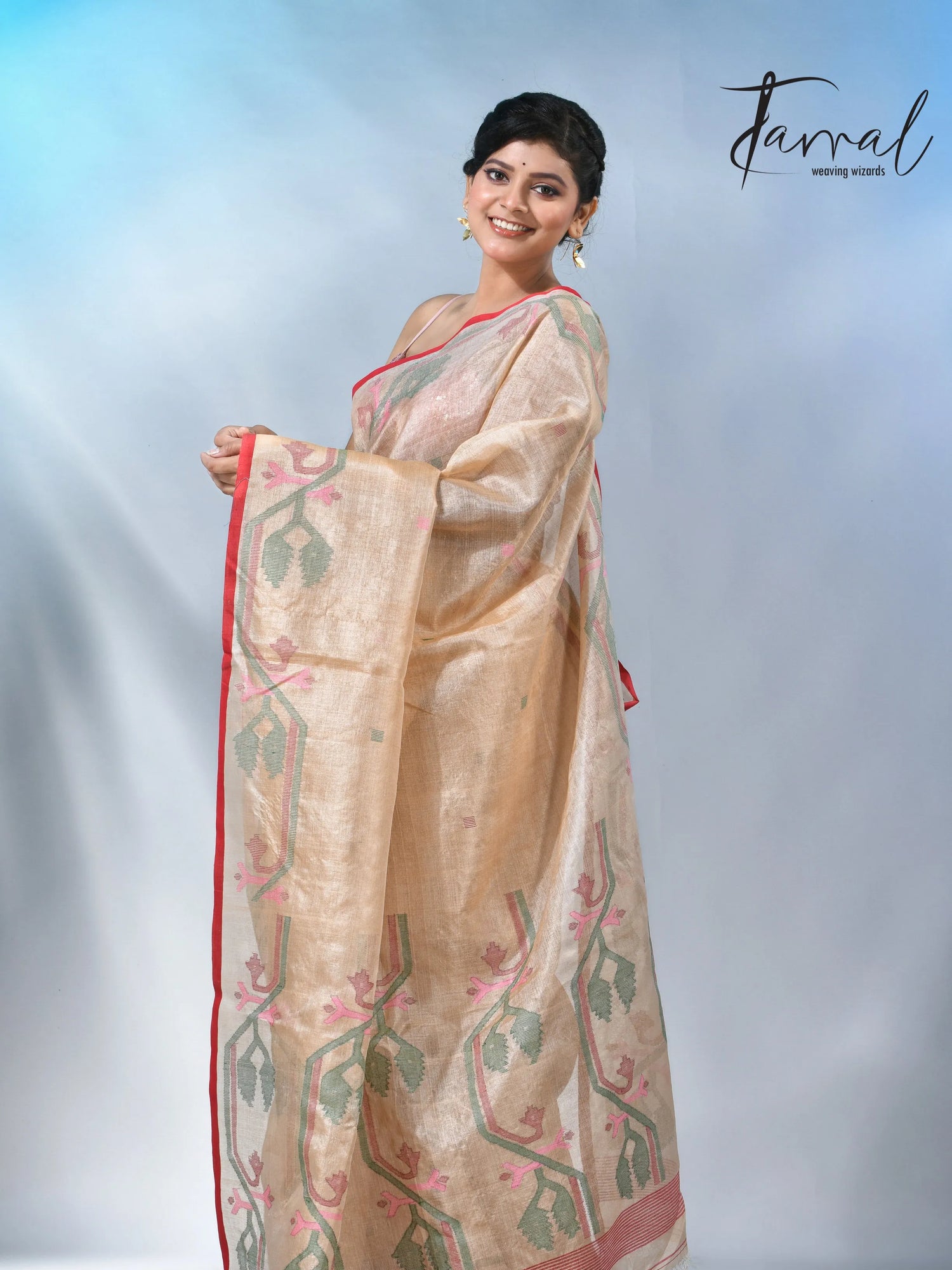 Muga with red dhakai in tusser silk handwoven jamdani saree