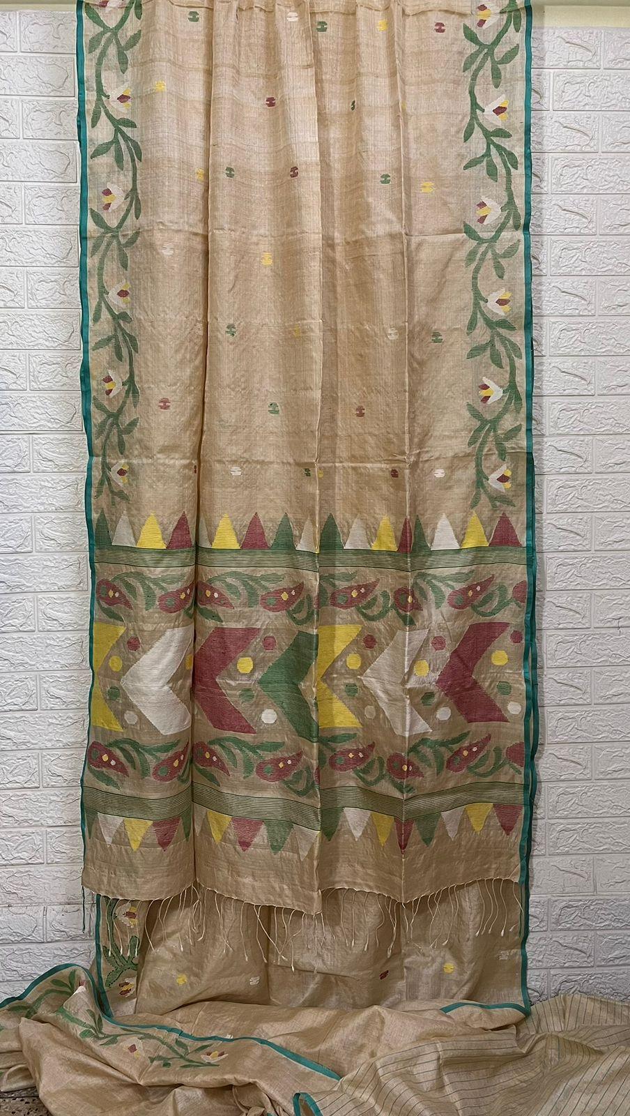 Muga with sea green floral border handwoven tussar silk saree - Tamal Boutique