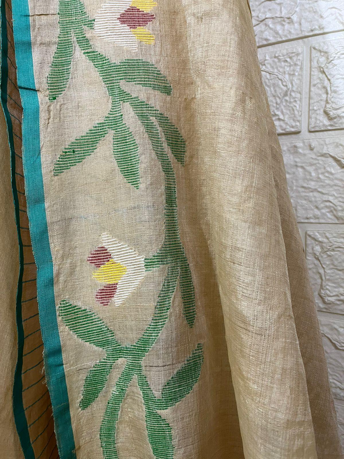 Muga with sea green floral border handwoven tussar silk saree - Tamal Boutique