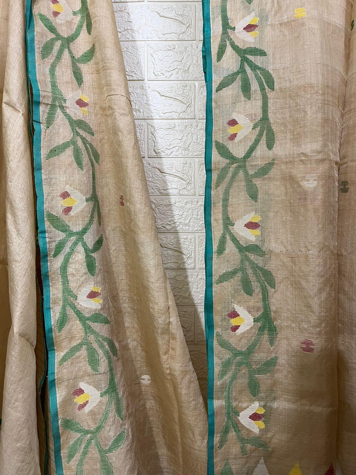 Muga with sea green floral border handwoven tussar silk saree - Tamal Boutique