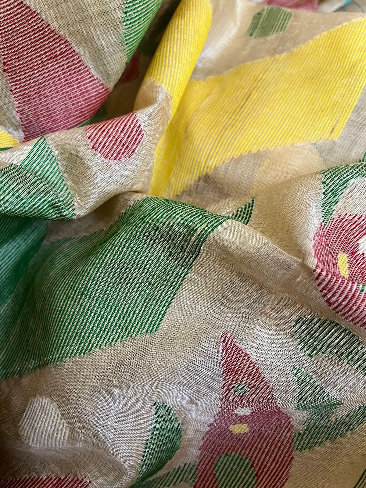 Muga with sea green floral border handwoven tussar silk saree - Tamal Boutique