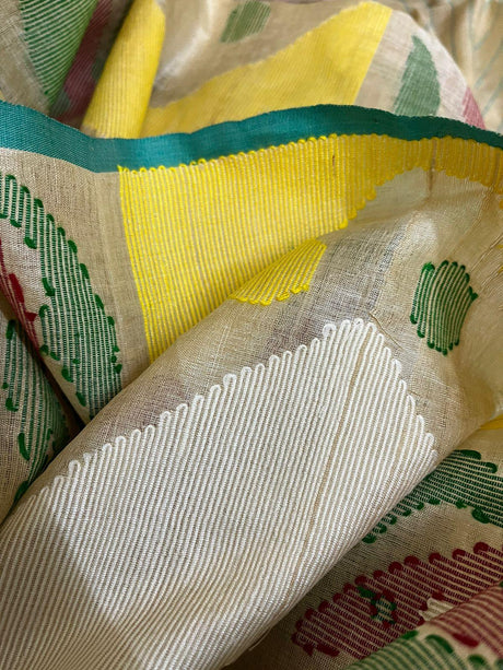Muga with sea green floral border handwoven tussar silk saree - Tamal Boutique