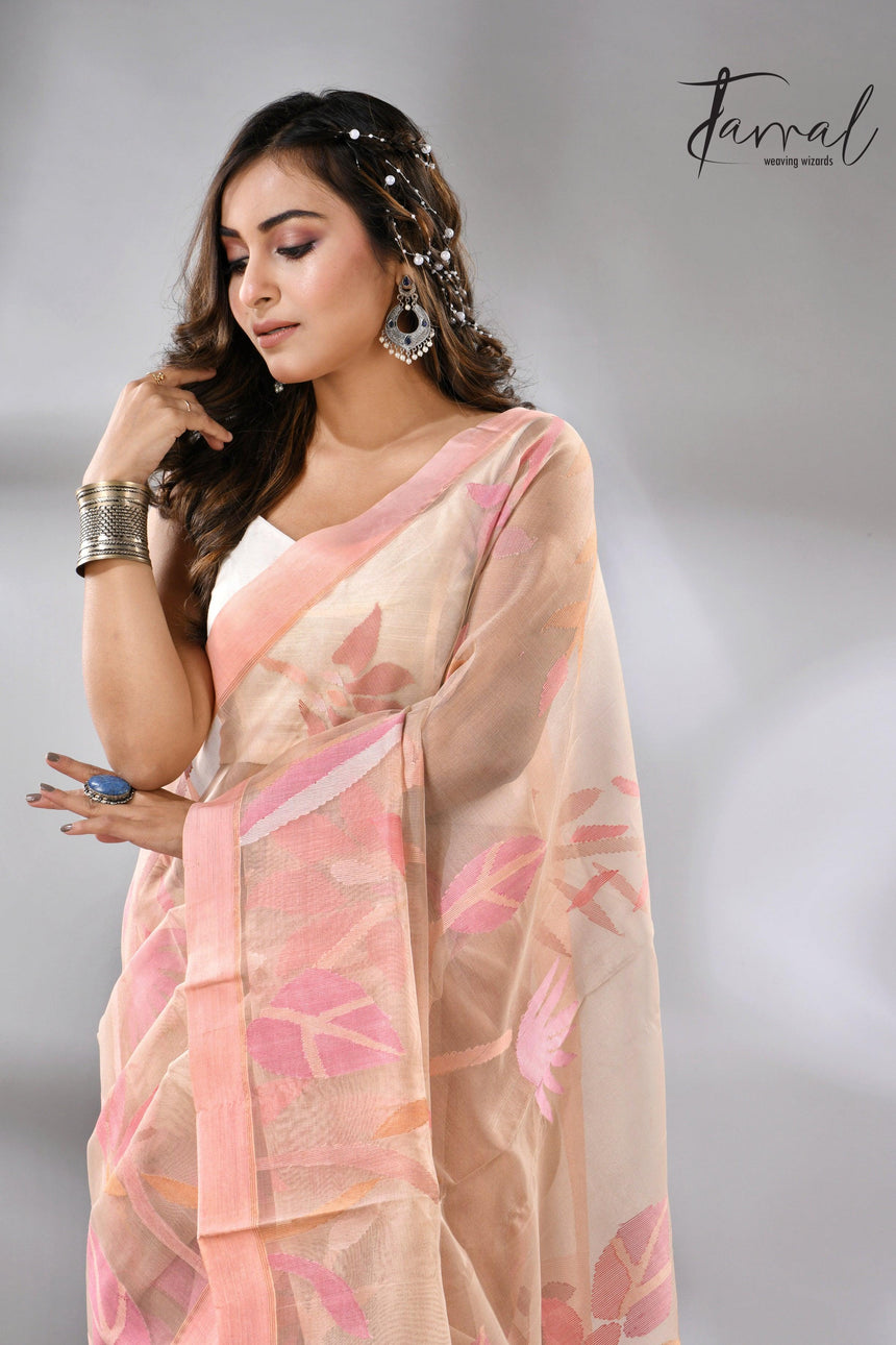 Muslin Silk Handwoven Jamdani Off-White Saree with a Peach Border cls