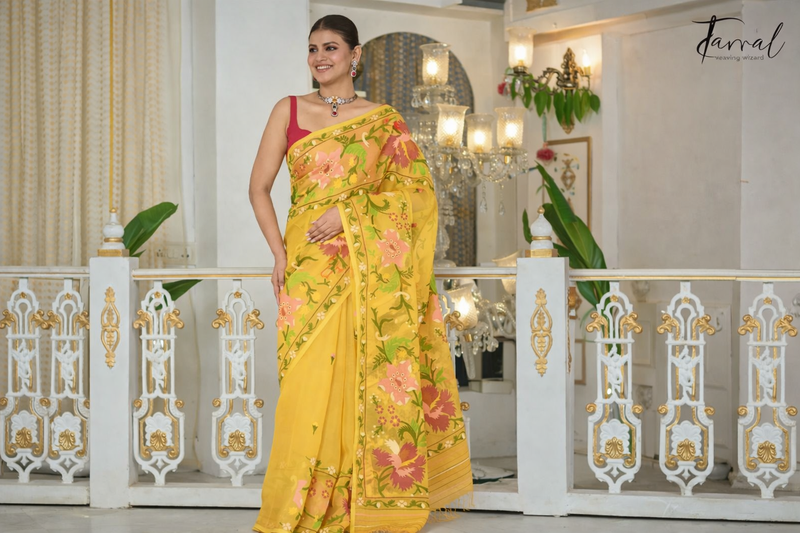 Buy premium muslin silk Jamdani yellow saree. 