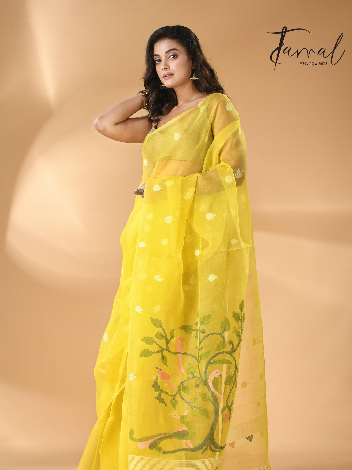 Muslin silk handwoven needlework Jamdani bright yellow saree