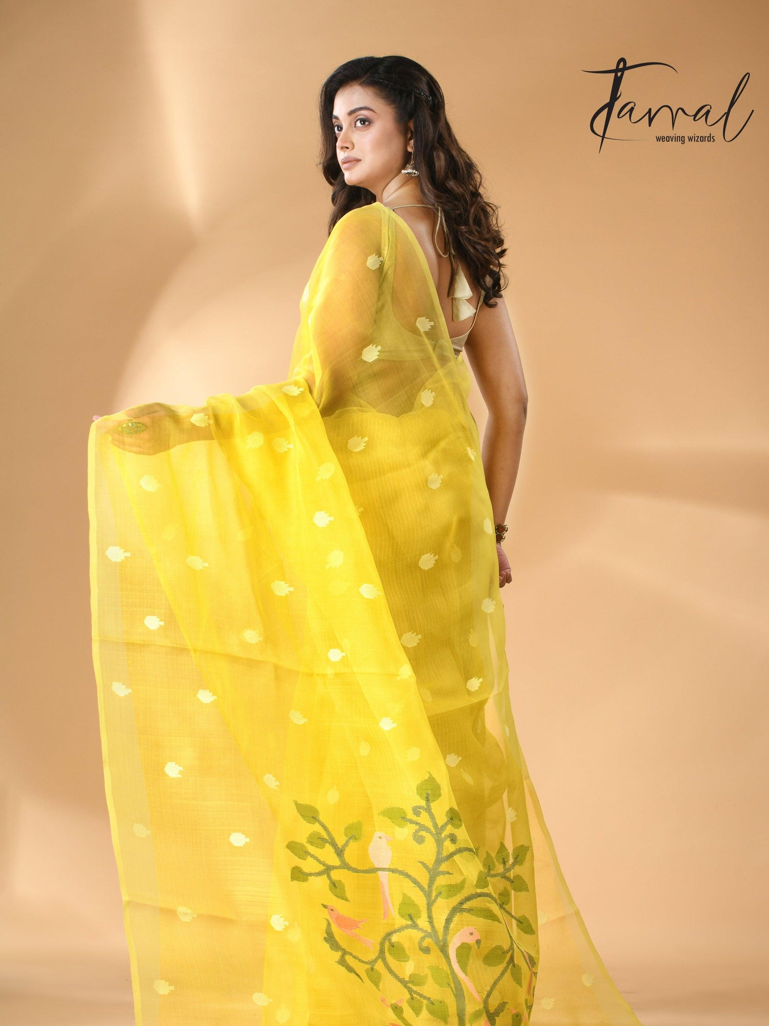 Muslin silk handwoven needlework Jamdani bright yellow saree back