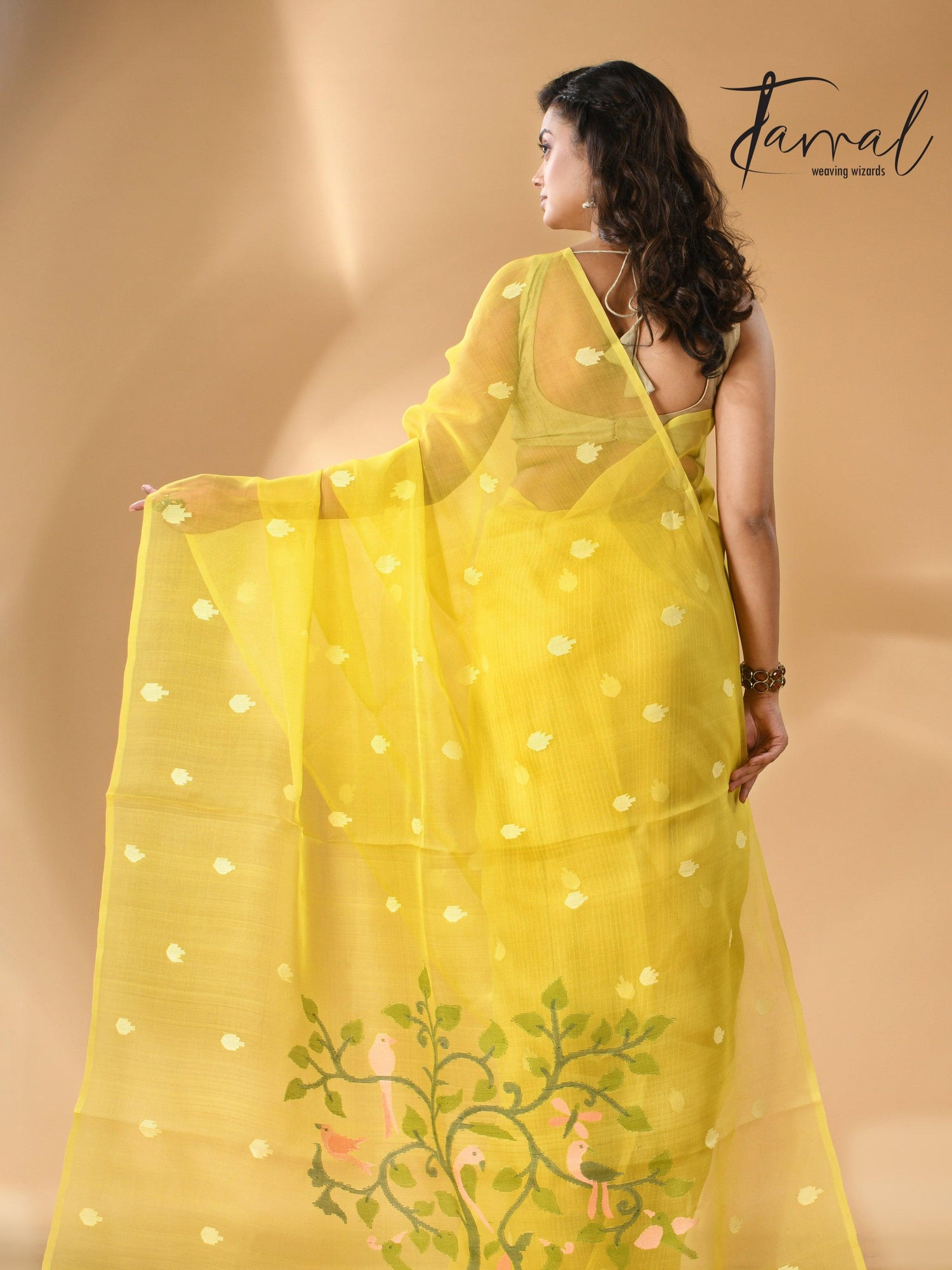 Muslin silk handwoven needlework Jamdani bright yellow saree back2