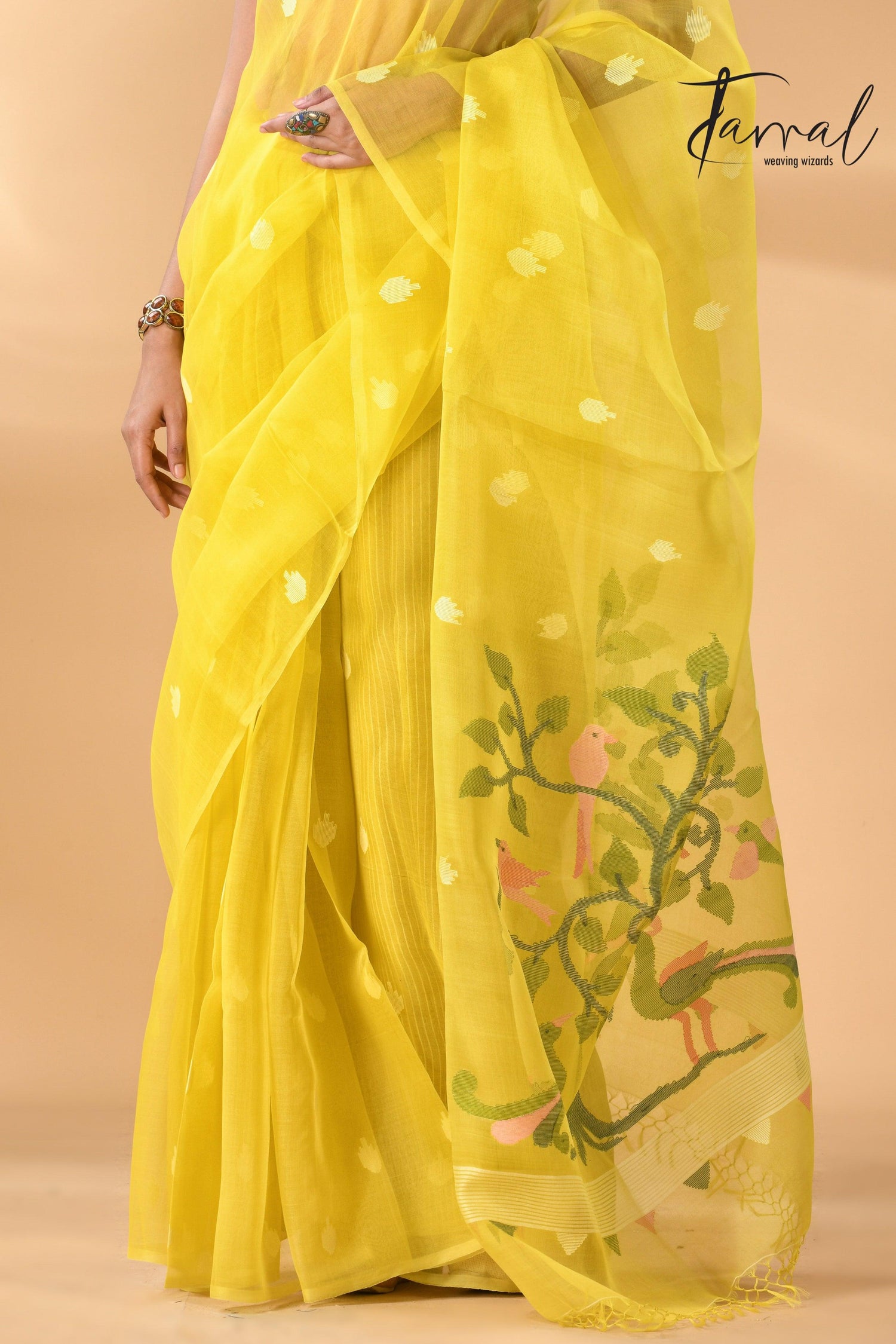 Muslin silk handwoven needlework Jamdani bright yellow saree bottom