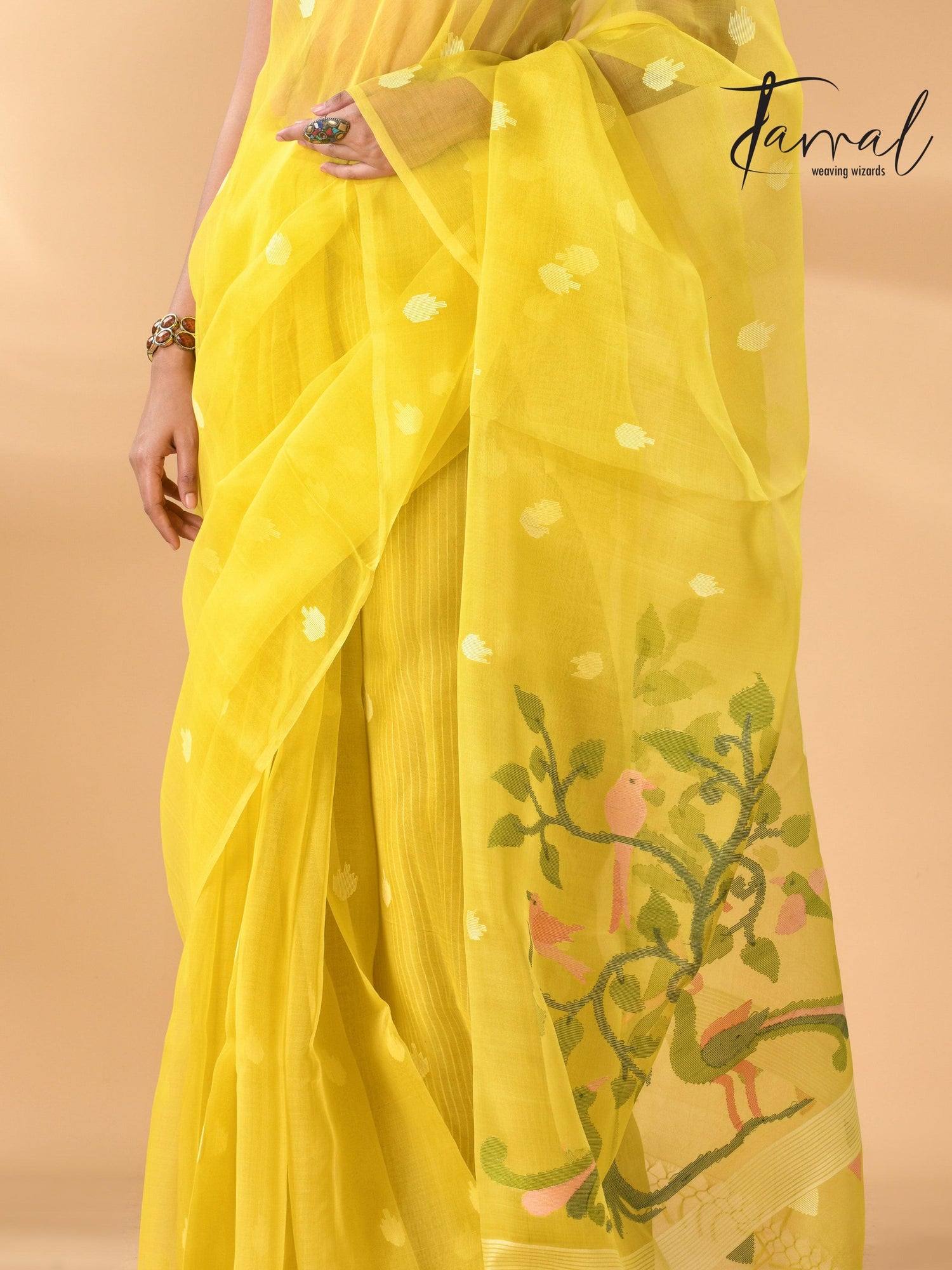 Muslin silk handwoven needlework Jamdani bright yellow saree bottom