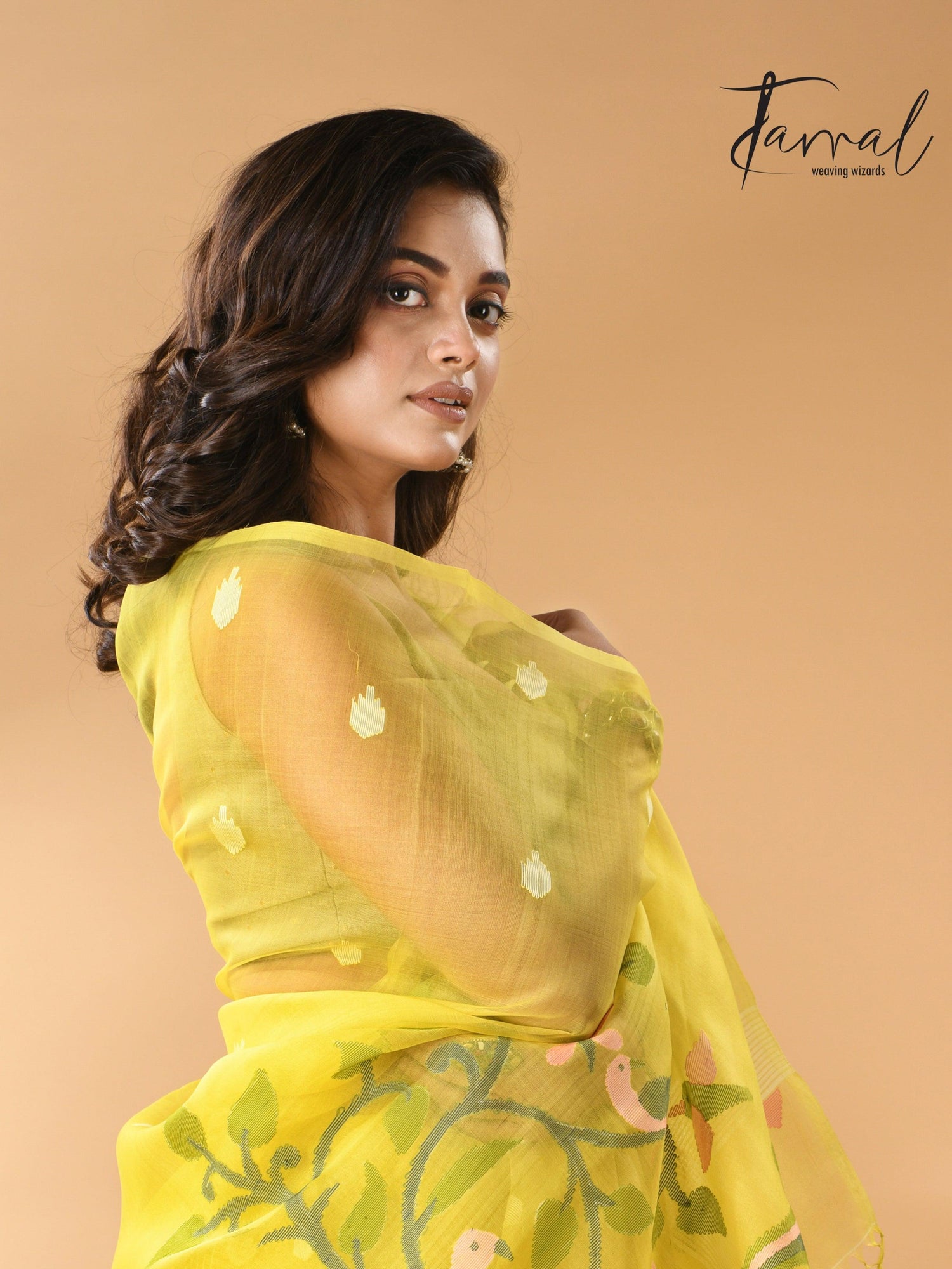 Muslin silk handwoven needlework Jamdani bright yellow saree cls