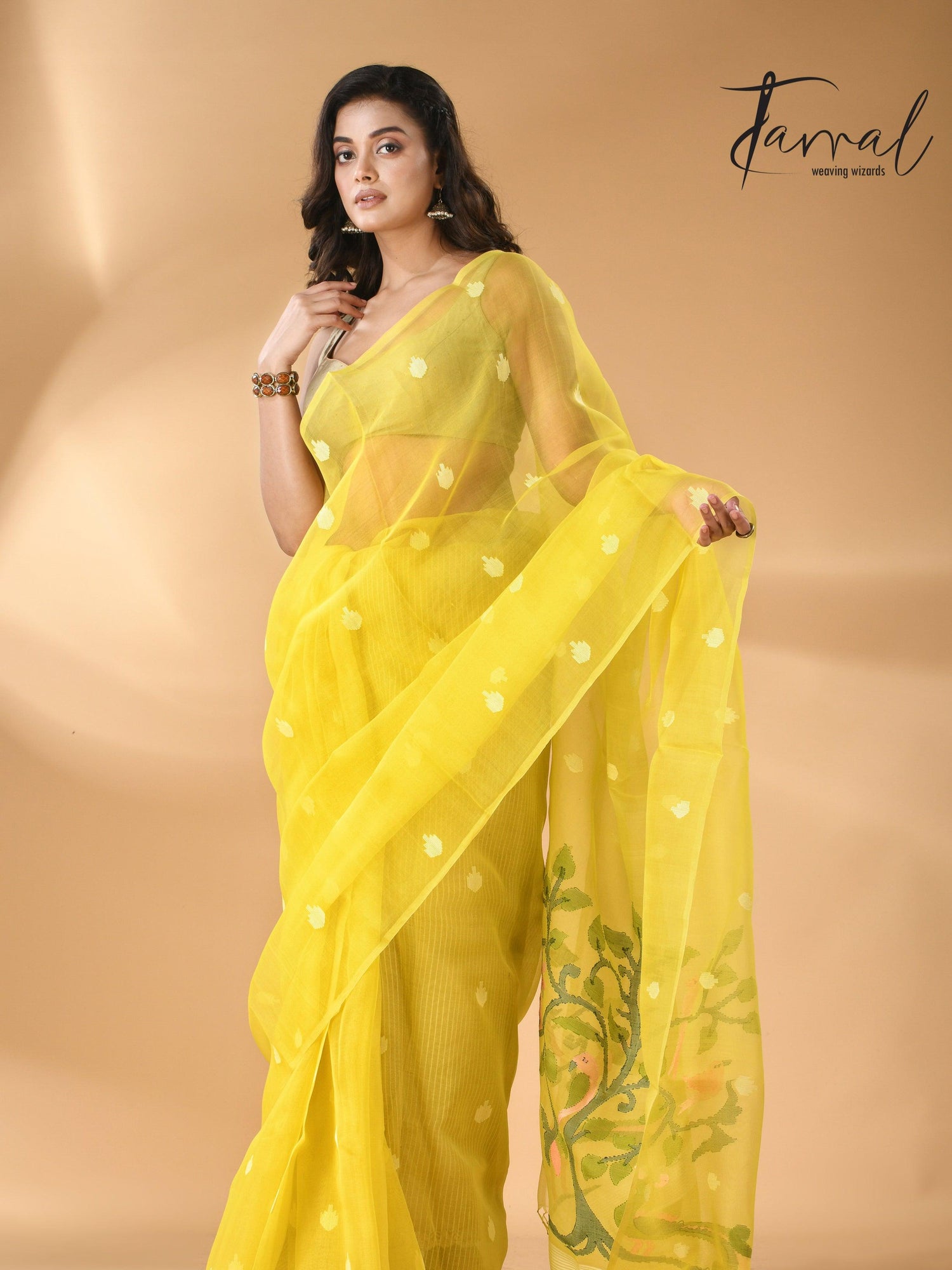 Muslin silk handwoven needlework Jamdani bright yellow saree full