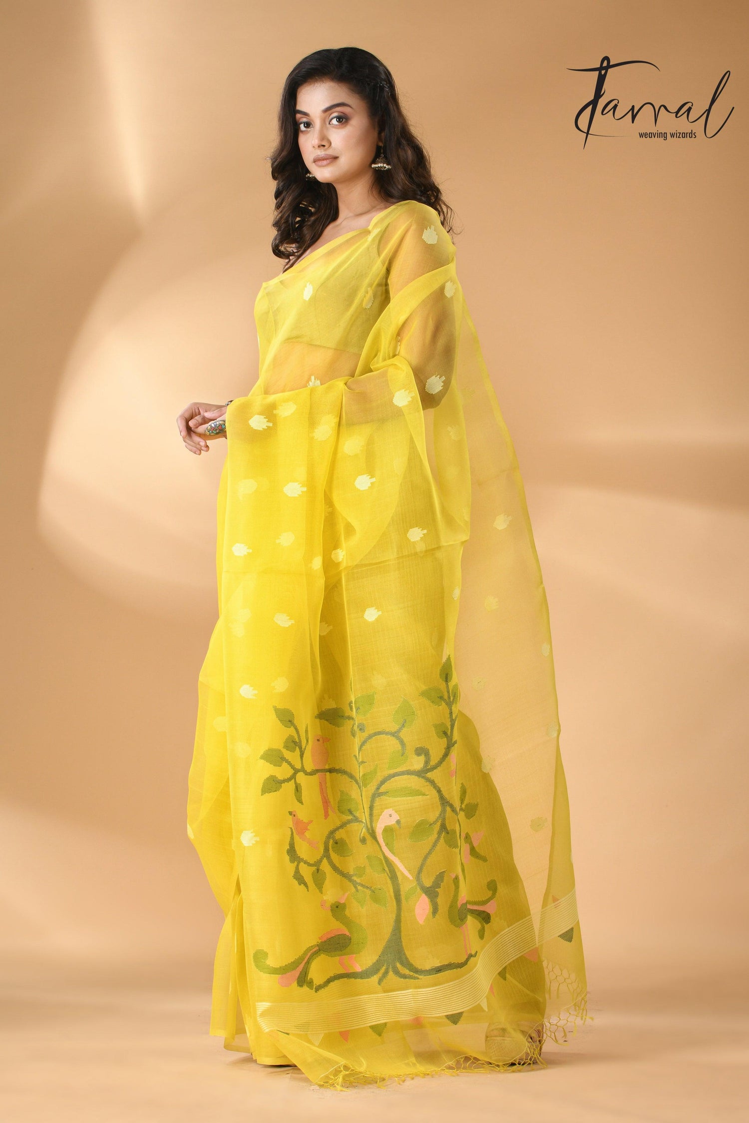 Muslin silk handwoven needlework Jamdani bright yellow saree full1