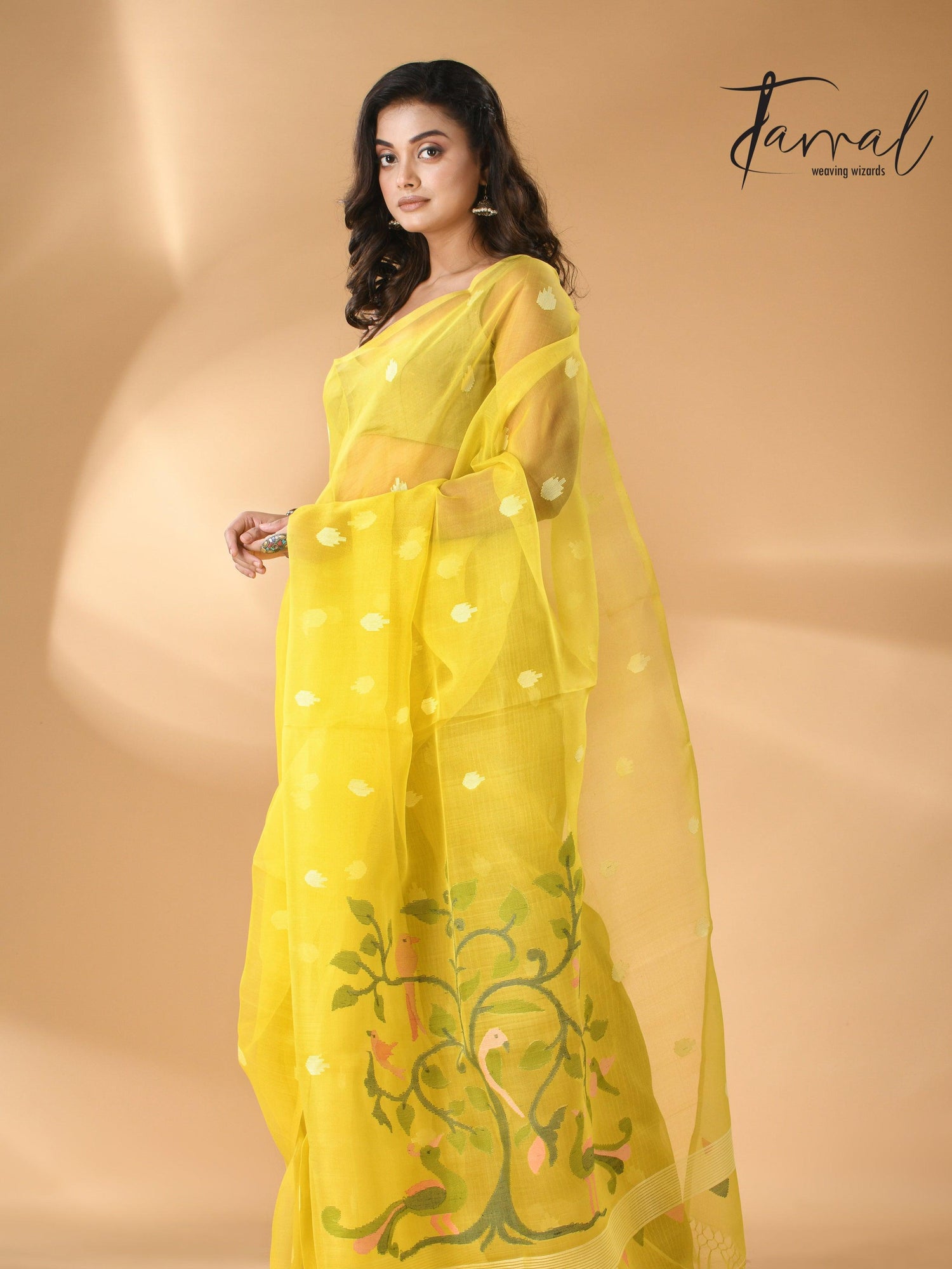Muslin silk handwoven needlework Jamdani bright yellow saree full1