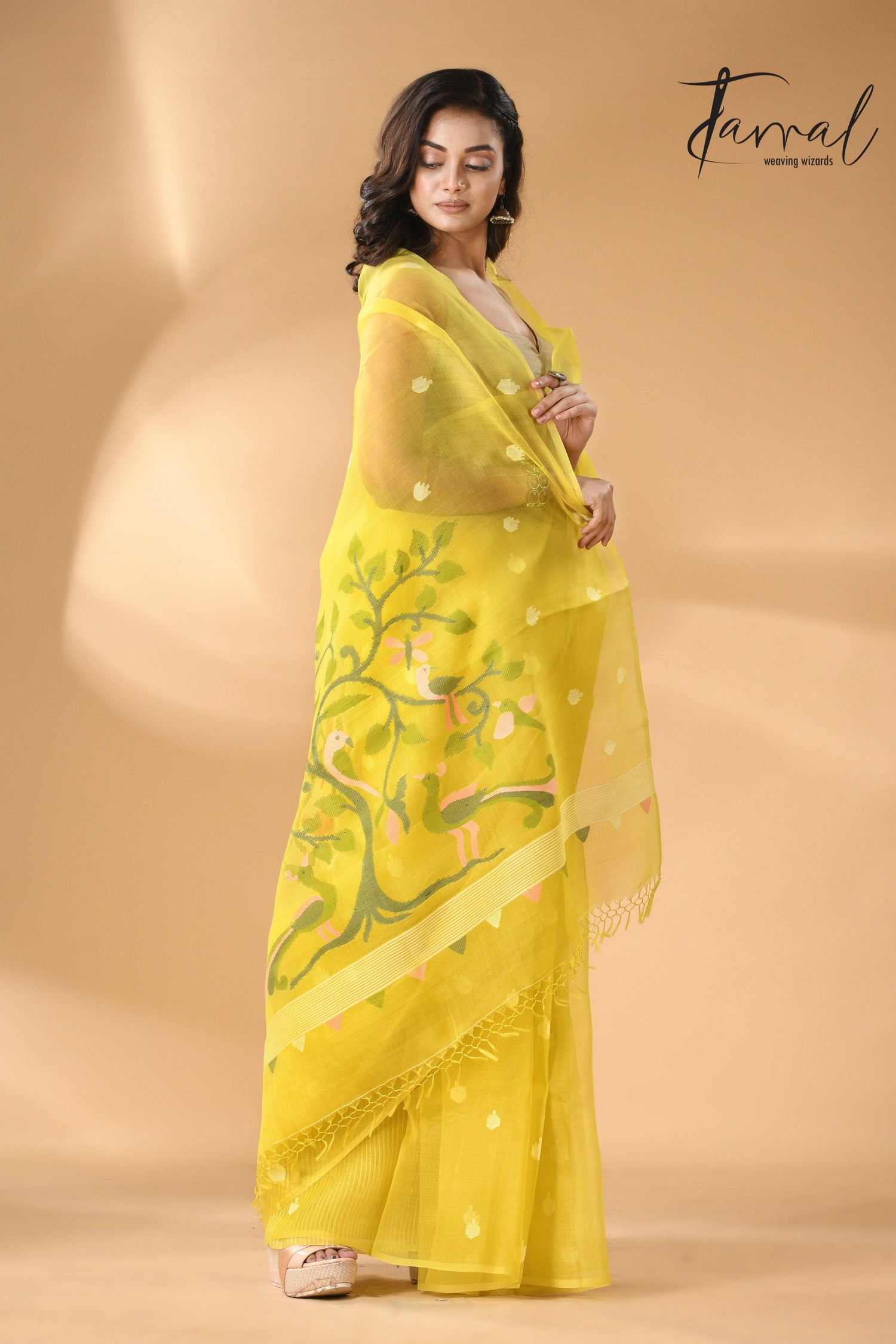 Muslin silk handwoven needlework Jamdani bright yellow saree full2
