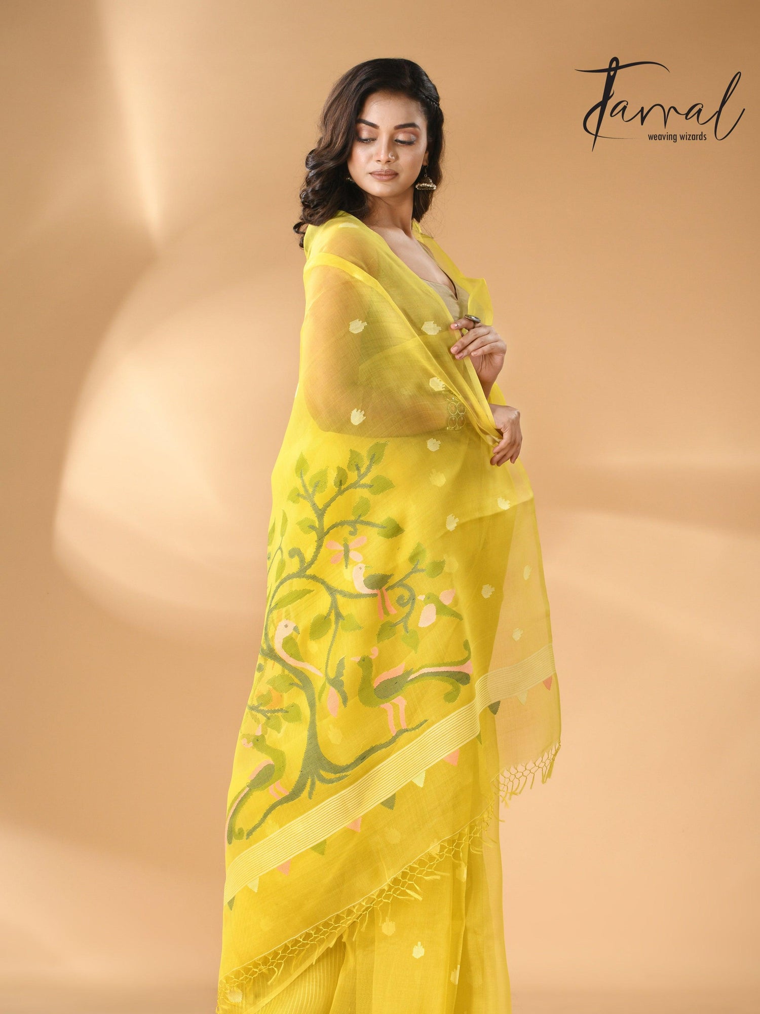Muslin silk handwoven needlework Jamdani bright yellow saree full2